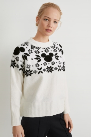 Jumpers C&A Christmas Recycled Mickey Mouse Damske Biele | 9620BQOXW