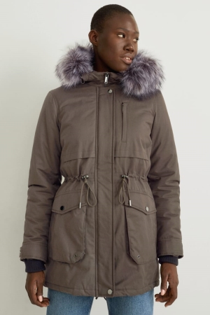 Kabáty C&A Parka With Hood And Faux Fur Trim Zimná Damske Tmavo Zelene | 3819WNAZI