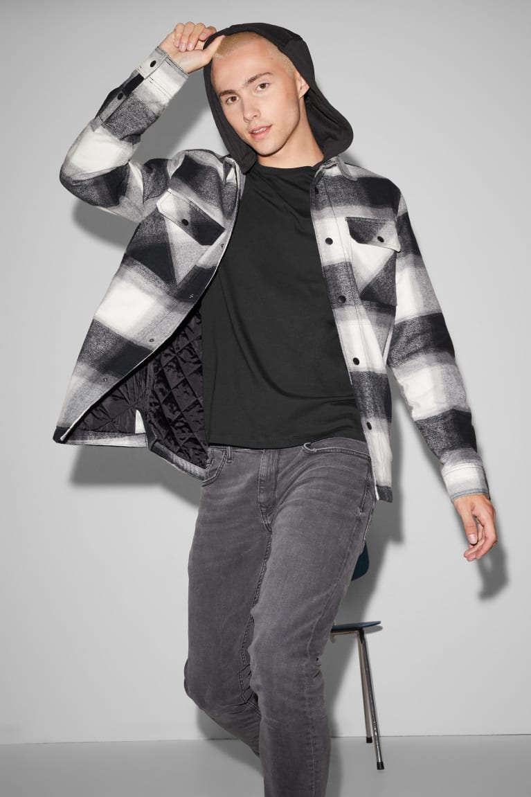 Bundy C&A Clockhouse With Hood 2-in-1 Look Check Panske Čierne Biele | 9463JURXP