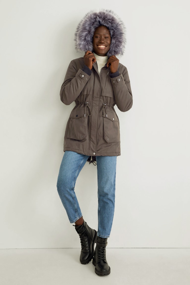 Kabáty C&A Parka With Hood And Faux Fur Trim Zimná Damske Tmavo Zelene | 3819WNAZI