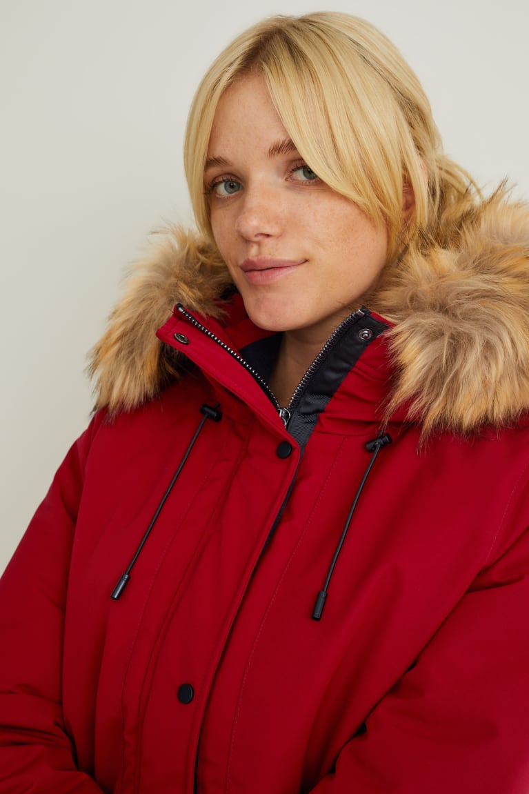 Kabáty C&A Parka With Hood And Faux Fur Trim Zimná Damske Červené | 4568HPEXG