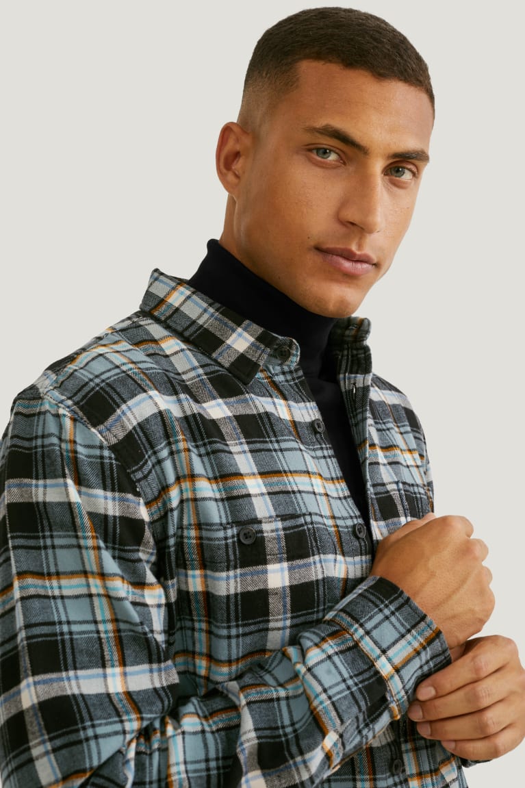 Kosele C&A Flannel Regular Fit Kent Collar Check Panske Tmavo Zelene Siva | 8953FMKWH