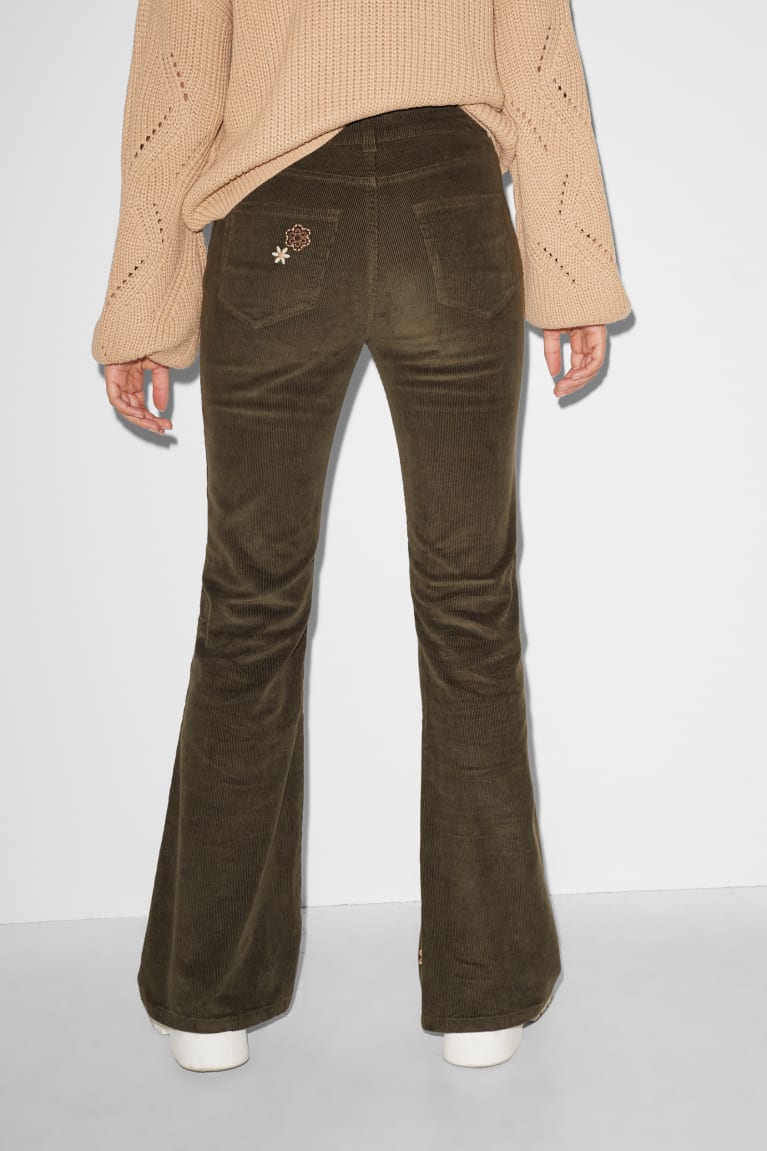Nohavice C&A Clockhouse Corduroy High Pásom Flared Floral Damske Zelene | 5247EWOVR