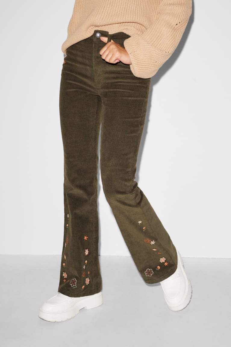 Nohavice C&A Clockhouse Corduroy High Pásom Flared Floral Damske Zelene | 5247EWOVR
