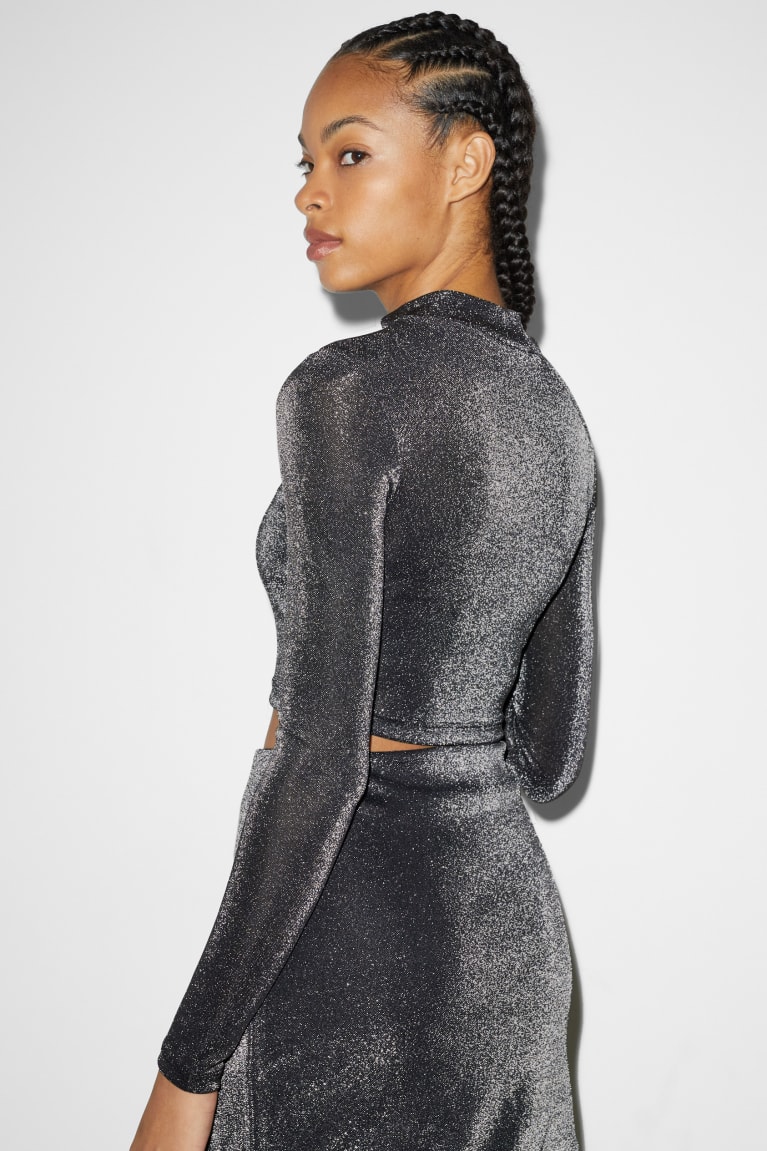 Topy C&A Clockhouse Cropped Long Sleeve Shiny Damske Čierne | 1526BHILU